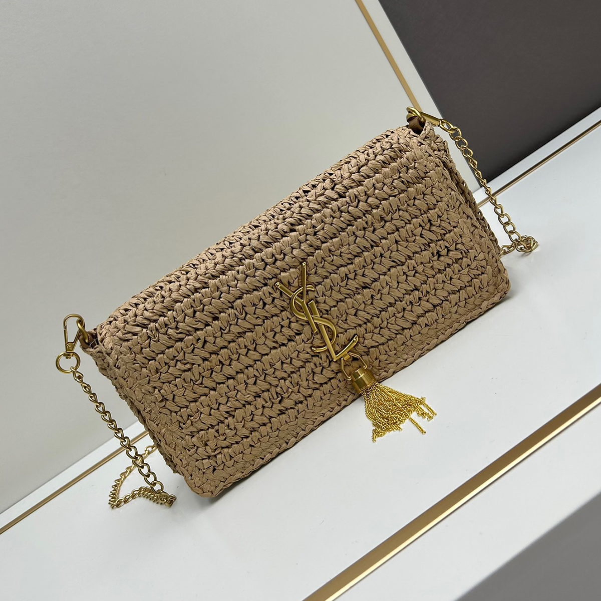 Saint Laurent Kate 99 Shoulder Bag Dark Nude Raffia(7A regular version)