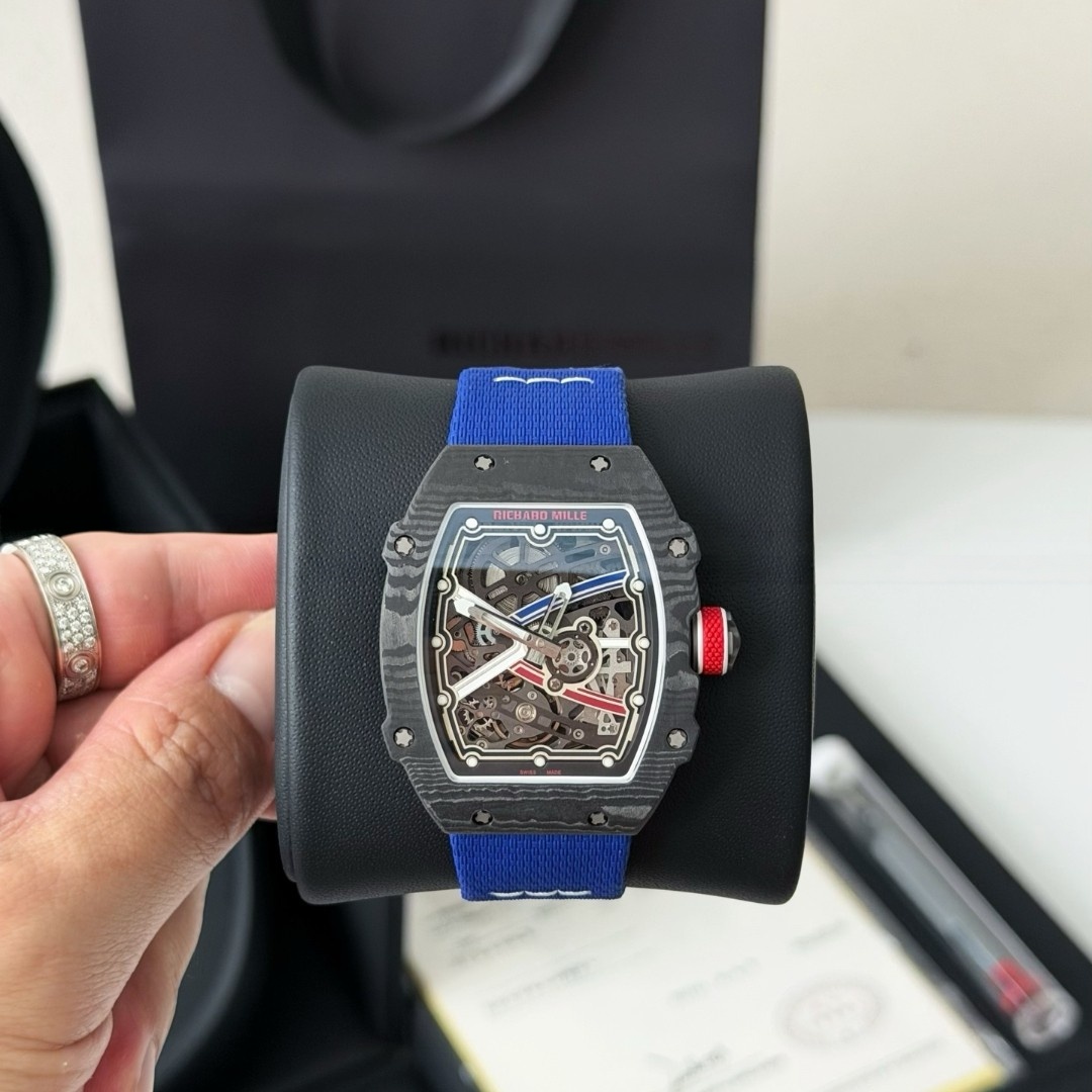 AAAWatch Richard Mille Men's Tonneau Skeleton Automatic Watch, Forged Carbon Case, Blue Fabric Strap Luxury Mechanical Wristwatch With Extra Straps Full Box Set