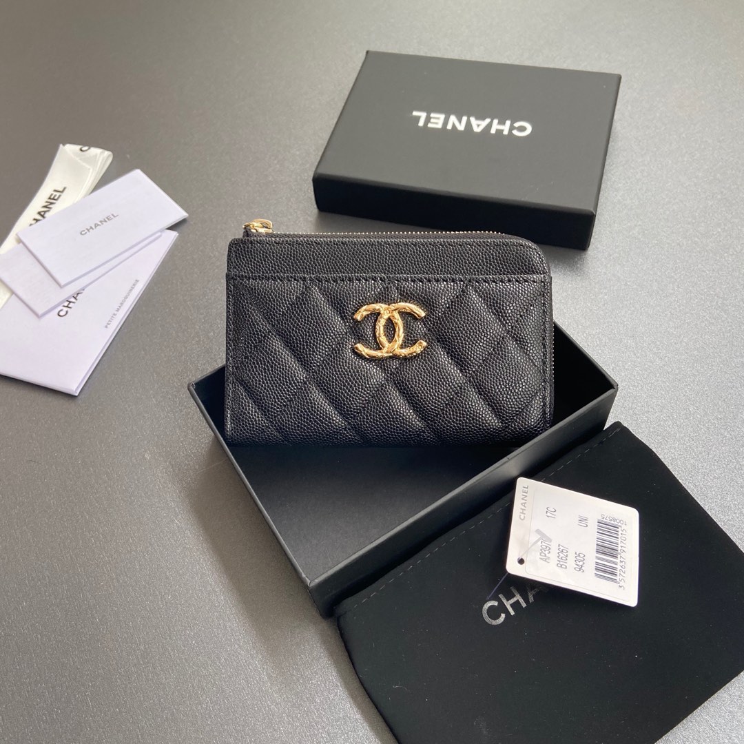 TOP CHANEL Zipper Card Holder Calfskin 13x9x2cm - Black & GHW