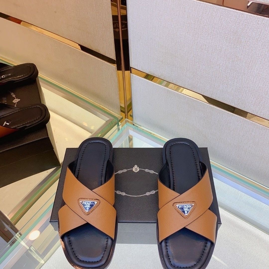 AAAShoes Prada Men's Cross‑Strap Saffiano Leather Slide Sandals, Square Toe Open‑Toe Flat Slippers For Summer