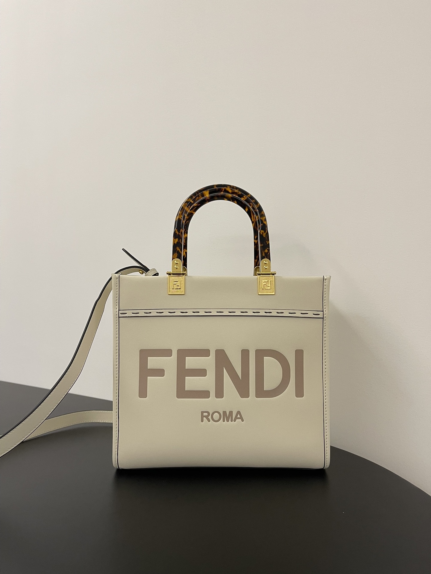 TOP FENDI Leather Sunshine Tote Small Shopping Bags 25.5x12x22.5cm - Beige