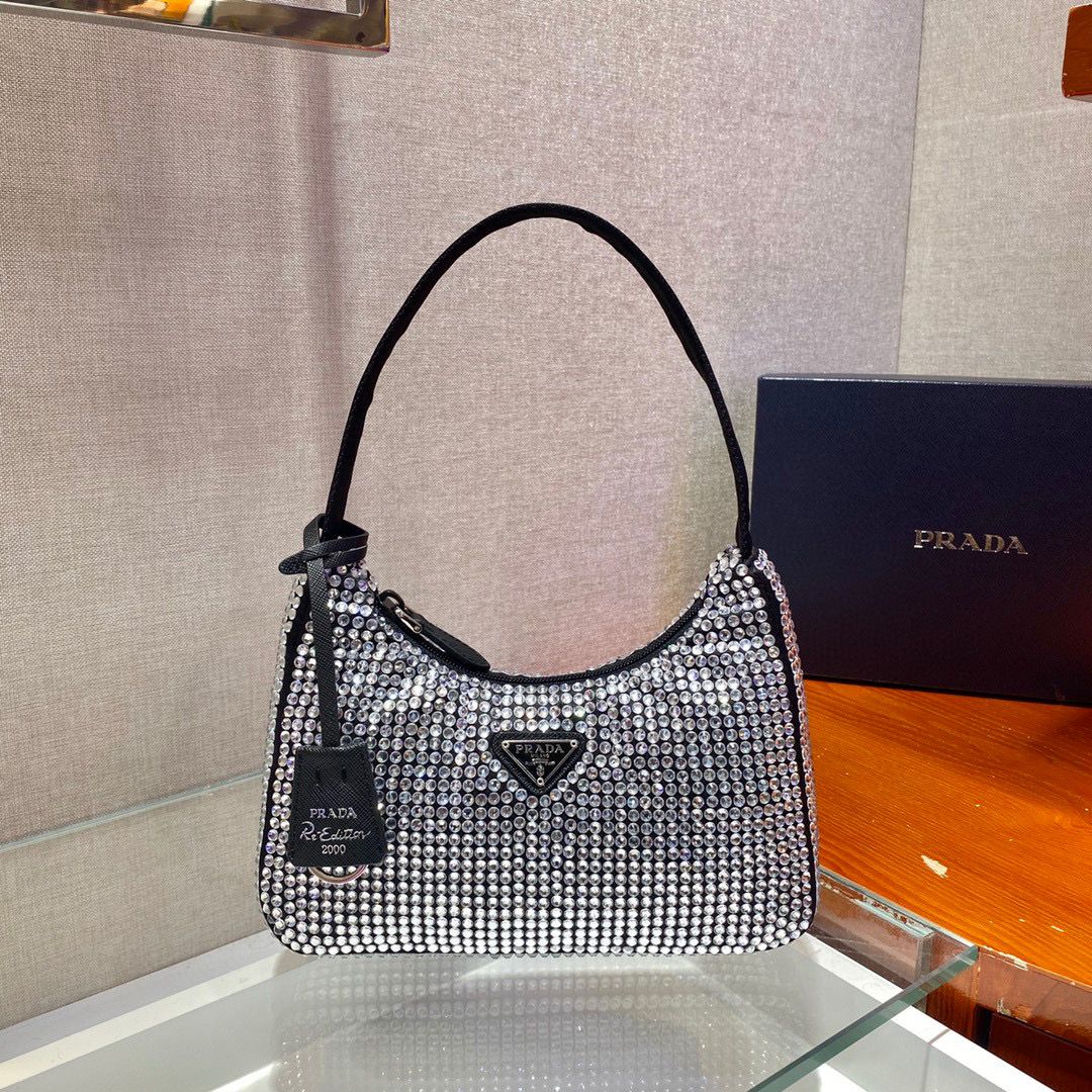 TOP PRADA Re-Edition 2000 Bag Bling Bling Hobo Bag  - Black