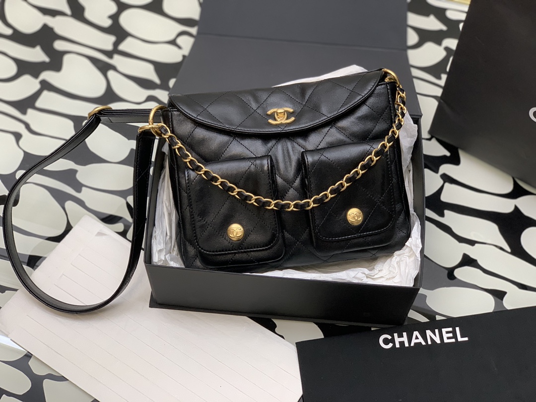 TOP CHANEL Calfskin 24p Axillary Hoho Bags 19*24*5*cm/21*30*5*cm - Black&GHW