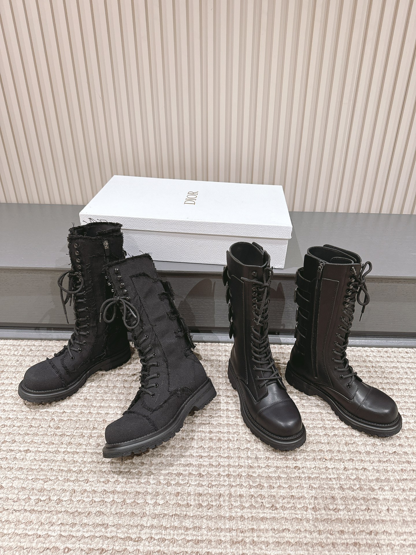 TOP Christian Dior Cloth & Leather Boots with Shoelaces - Black