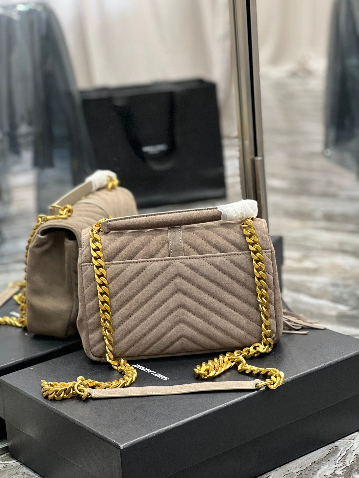 TOP Yves Saint Laurent YSL College Fringe Suede Small Bag - Dusty Grey GHW