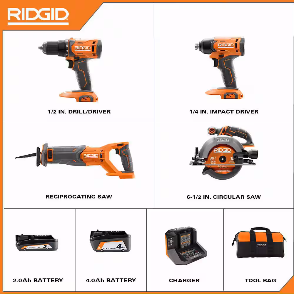 18V Cordless 4-Tool Combo Kit with (1) 4.0 Ah Battery, (1) 2.0 Ah Battery, Charger, and Bag