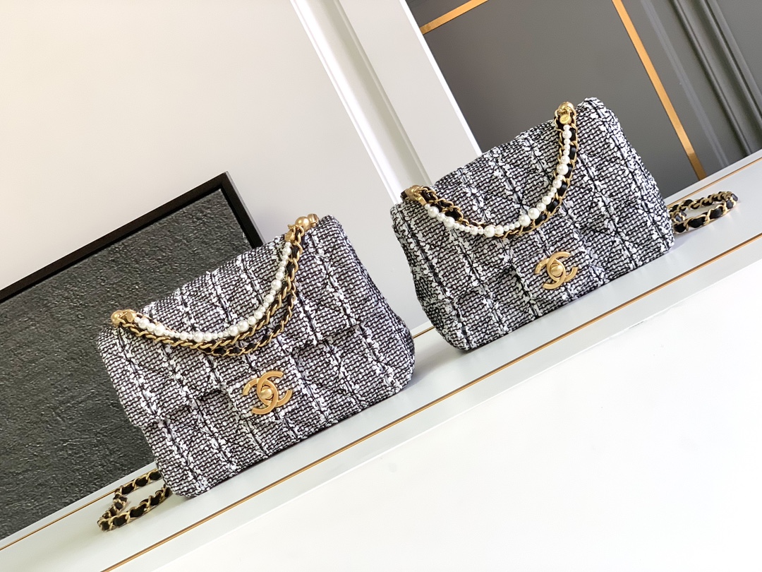 TOP CHANEL Black And White Striped Fabric Pearl Bags - 18*13*7cm/20*15*7cm - GHW