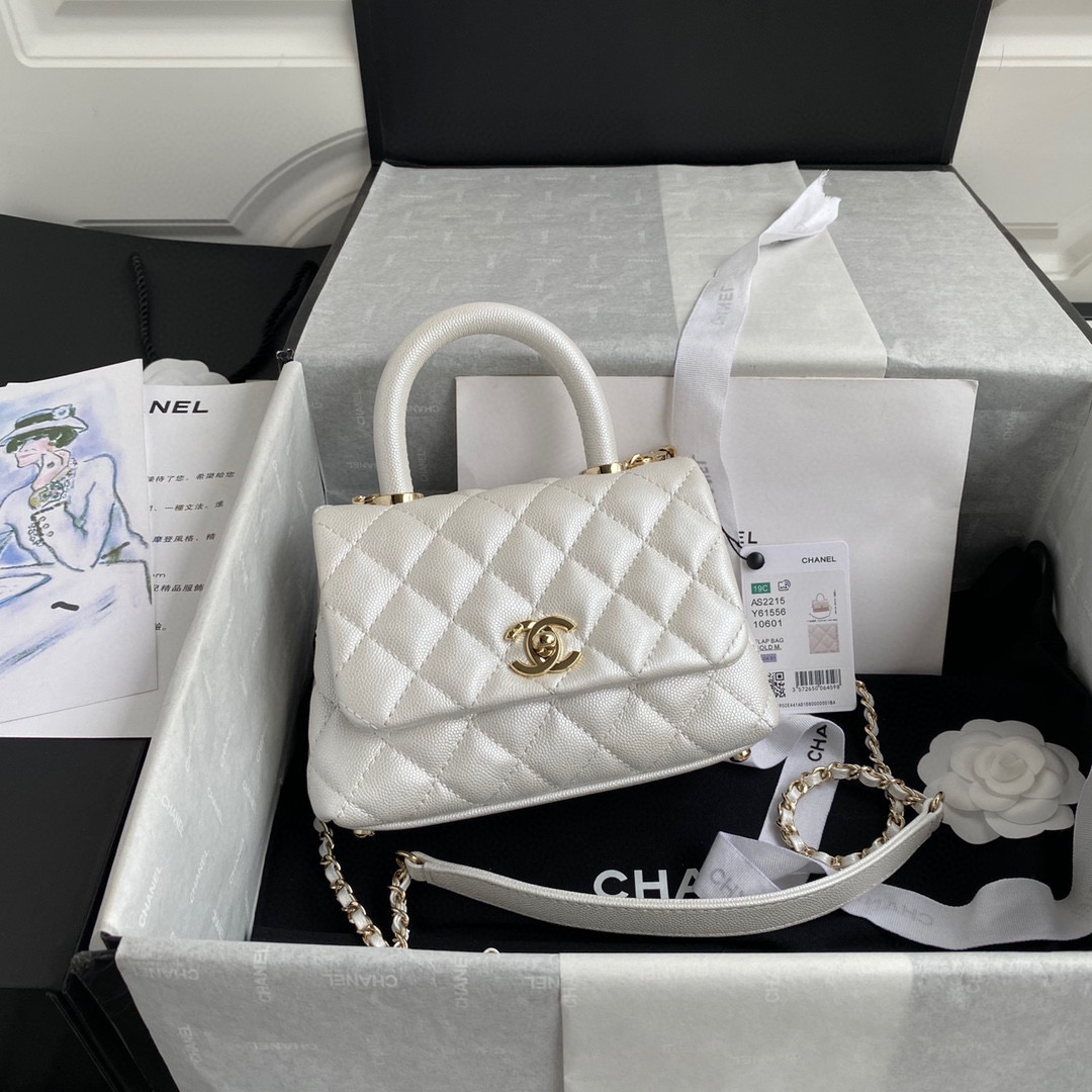 TOP CHANEL CoCo Handle Bag Carviar Small 19cm - Pearl White & GHW