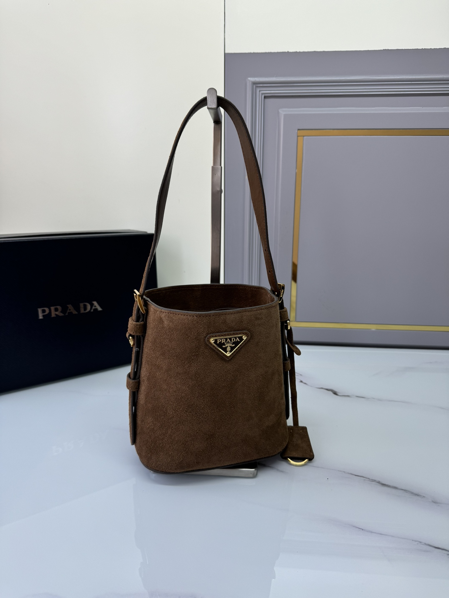 TOP PRADA Suede Bucket Bag 22*22*13cm - Brown