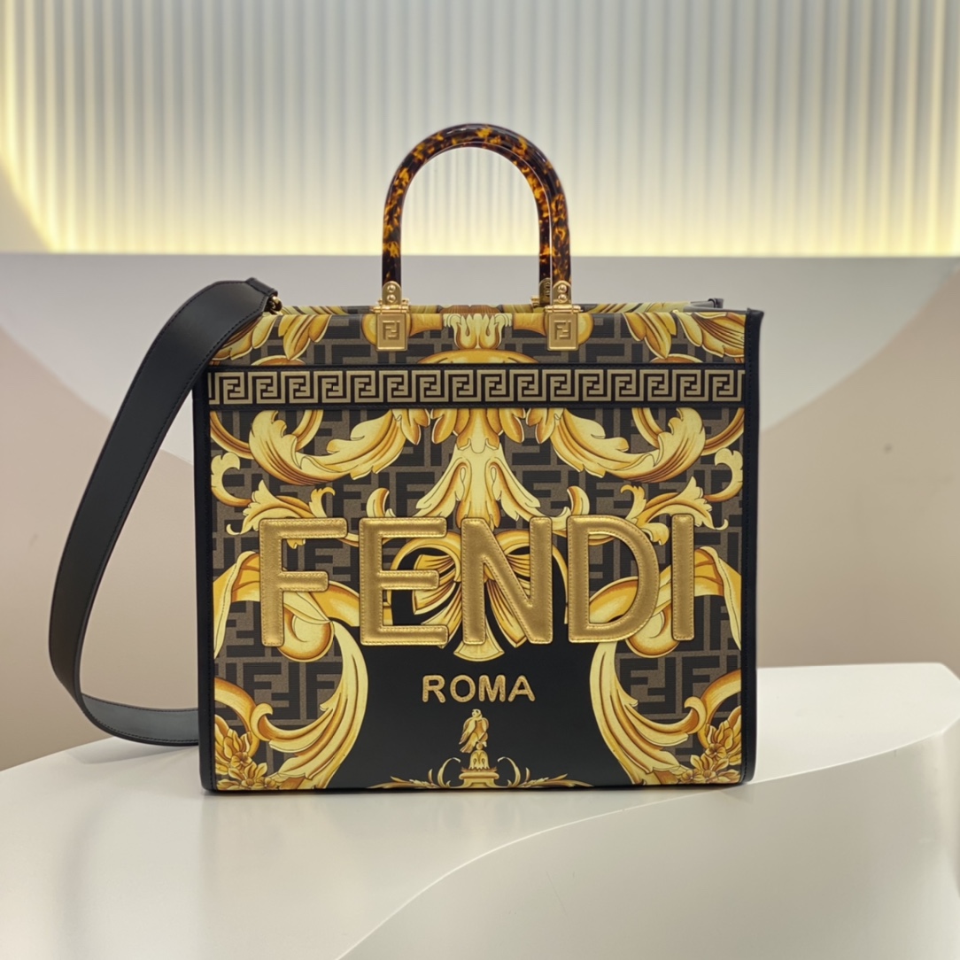 TOP FENDI Versace And Fendi Co Branded Medium Sunshine Leather Handbag 35x31x17cm - Golden