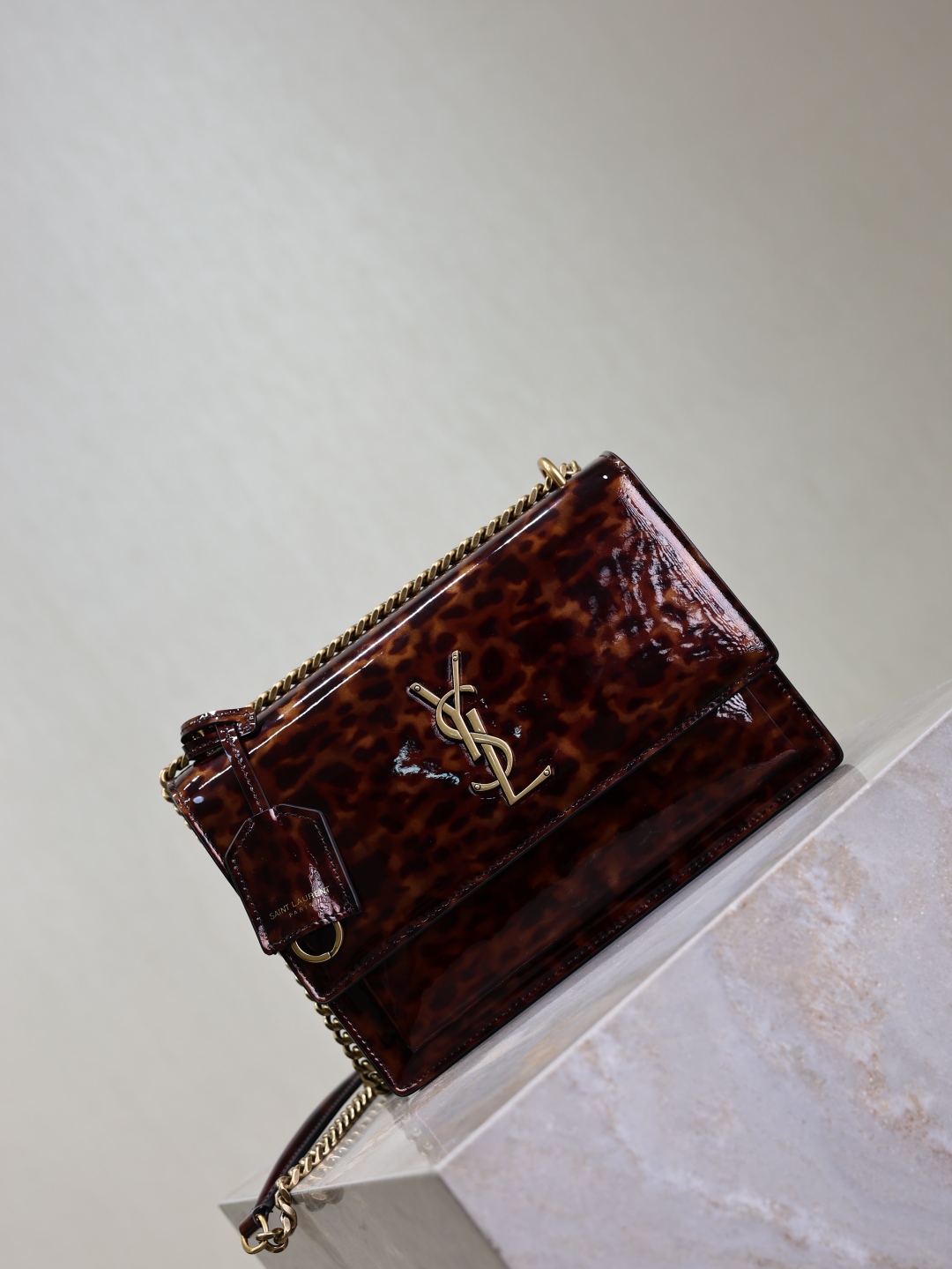 TOP Yves Saint Laurent YSL Sunset Bag Leopard Print Patent Leather Bag 22cm- Brown&GHW