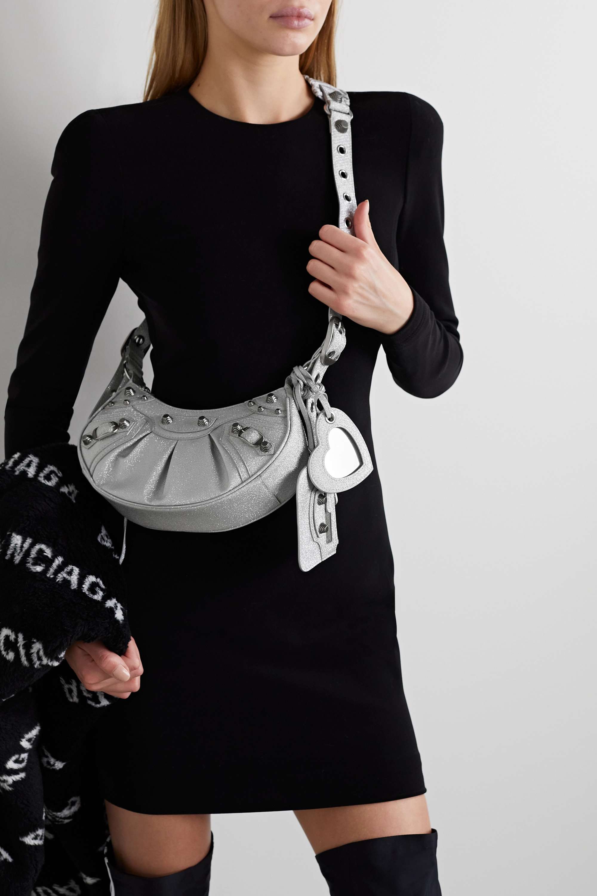 BALENCIAGA Le Cagole XS studded metallic canvas shoulder bag grey(Replica)