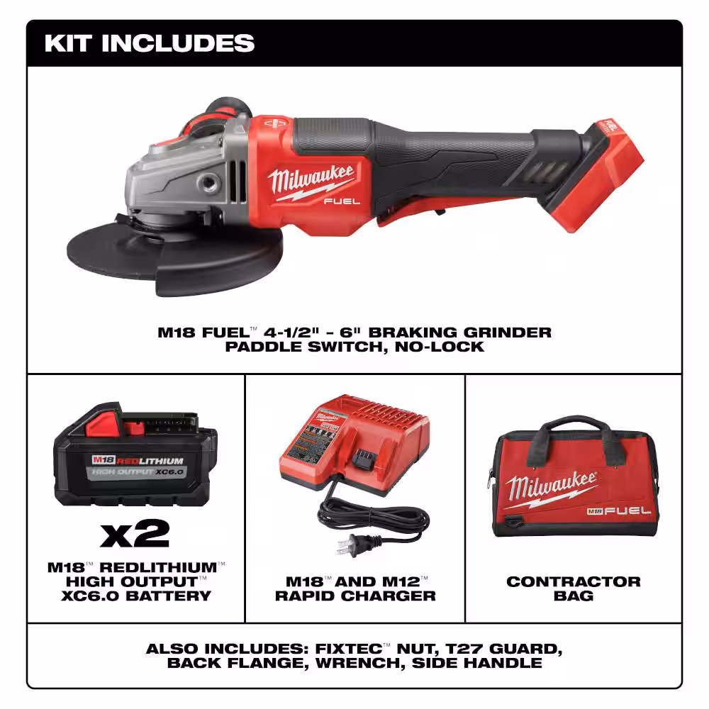 M18 FUEL 18V Lithium-Ion Brushless Cordless 4-1/2 in./6 in. Grinder with Paddle Switch Kit w/FUEL Angle Grinder