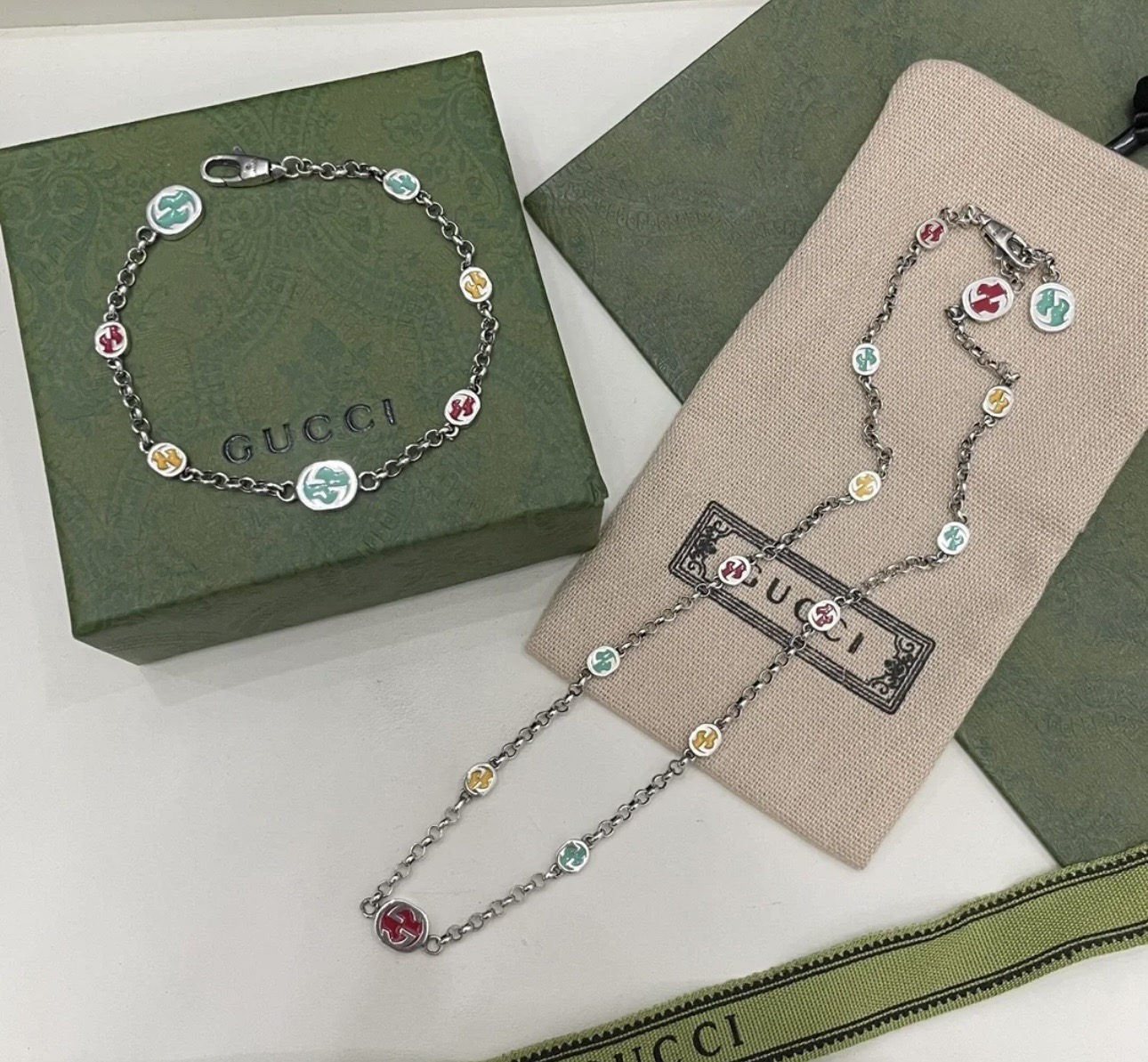 TOP GUCCI Necklace + Bracelet - Silver