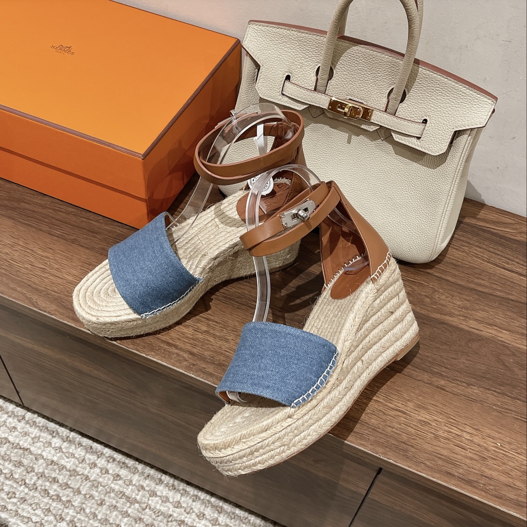 TOP HERMES straw plaited article Sandals - Blue