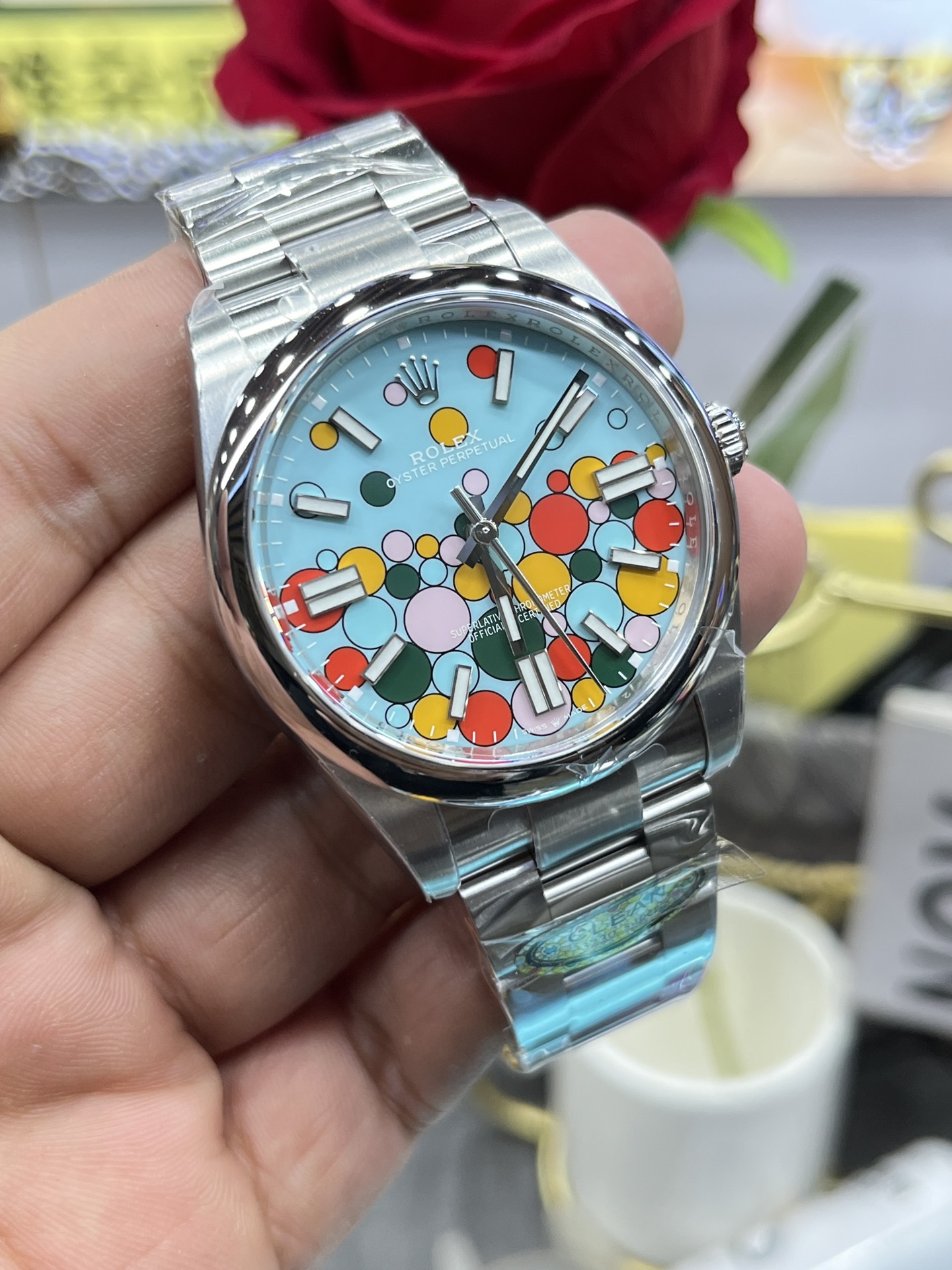 TOP ROLEX Oyster Perpetual W36mm Stainless Steel Turquise Blue/Celebration motif Dial Watch - Sliver