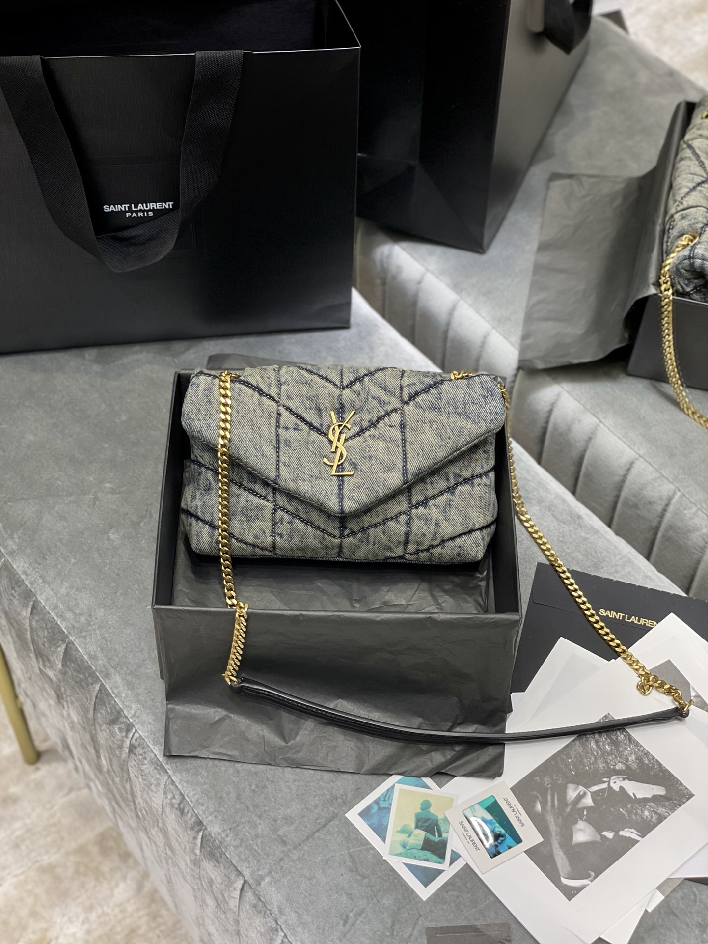 TOP Yves Saint Laurent YSL LouLou Bag 23/29cm - Denim Blue - Black Shoulder Strap