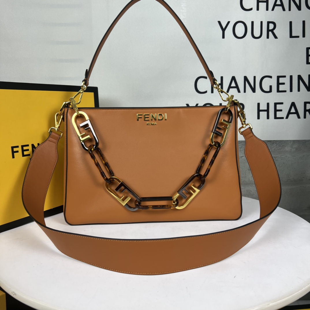 TOP FENDI Metal Cowhide Chain Bag 35x23x14cm - Brown&GHW