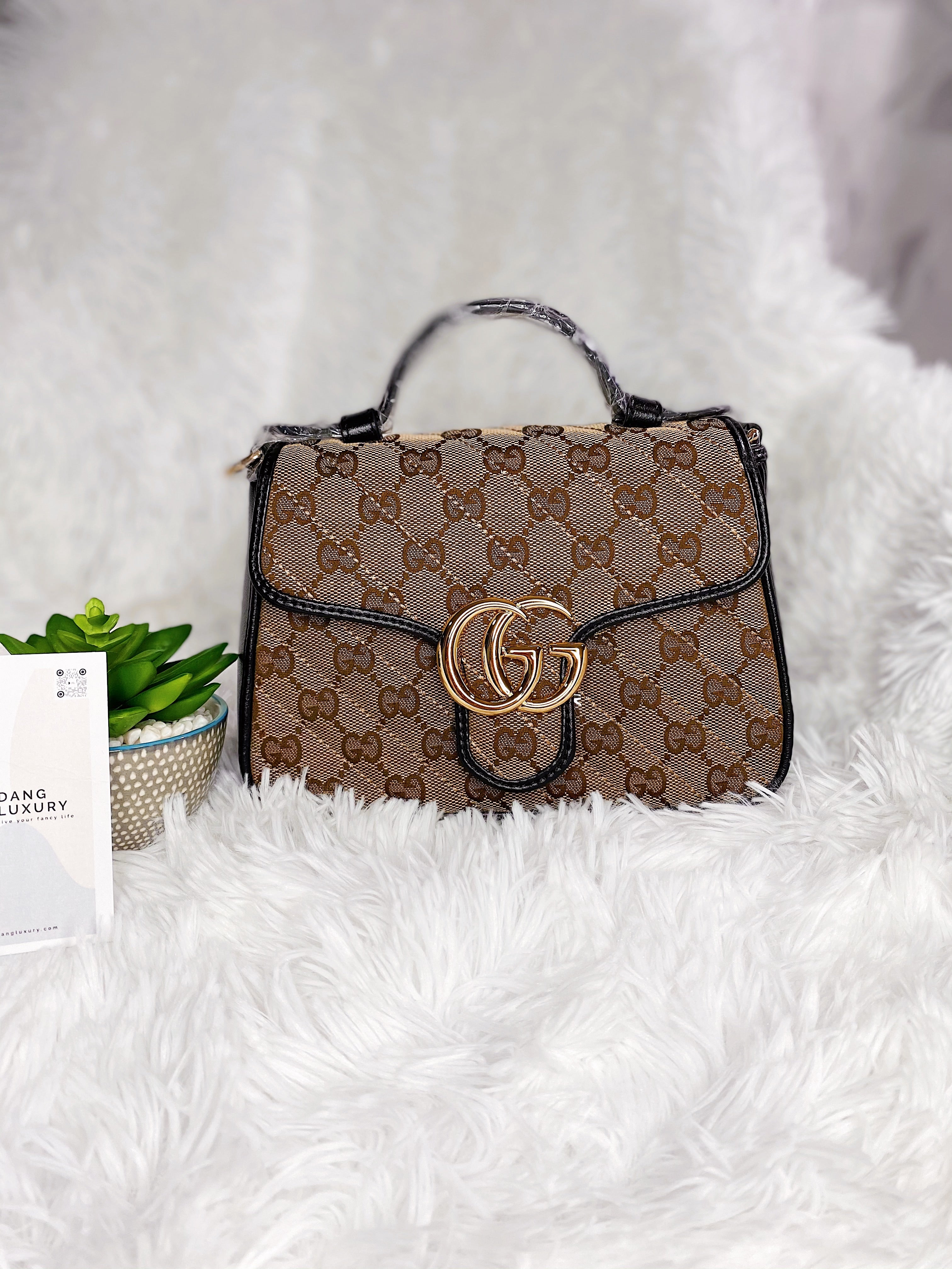TOP GUCCI GG Marmont Bag Top Handle Mini 27*13.5*10 - Beige x Ebony Canvas