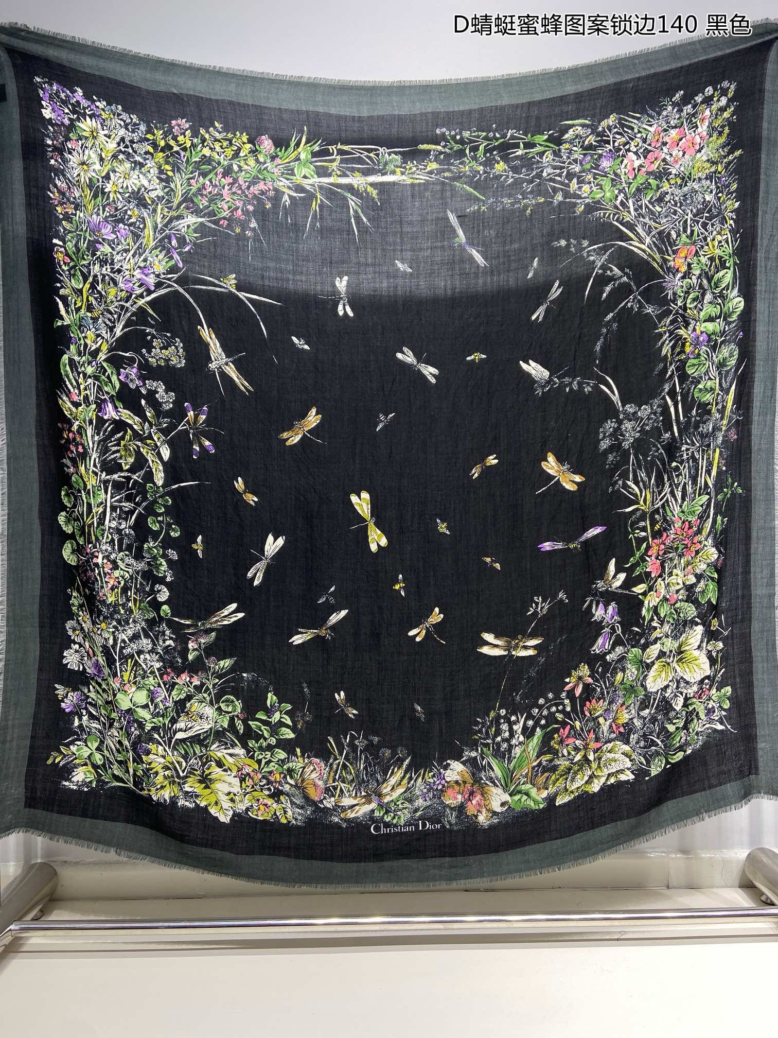 TOP Christian Dior Dragonfly and Bee Pattern Scarf 140x140cm - 2 Colors