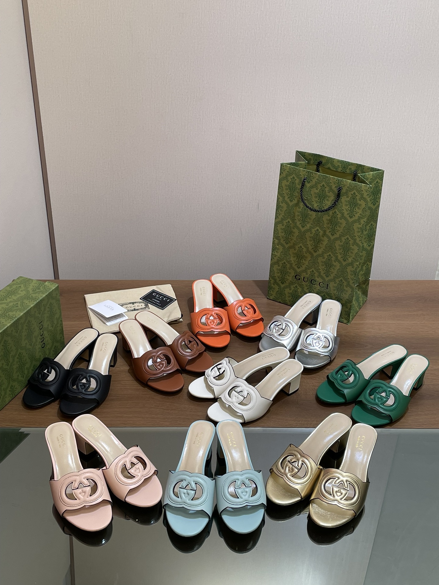 TOP GUCCI GG Hollow Mid Heel Slippers - 9 Color