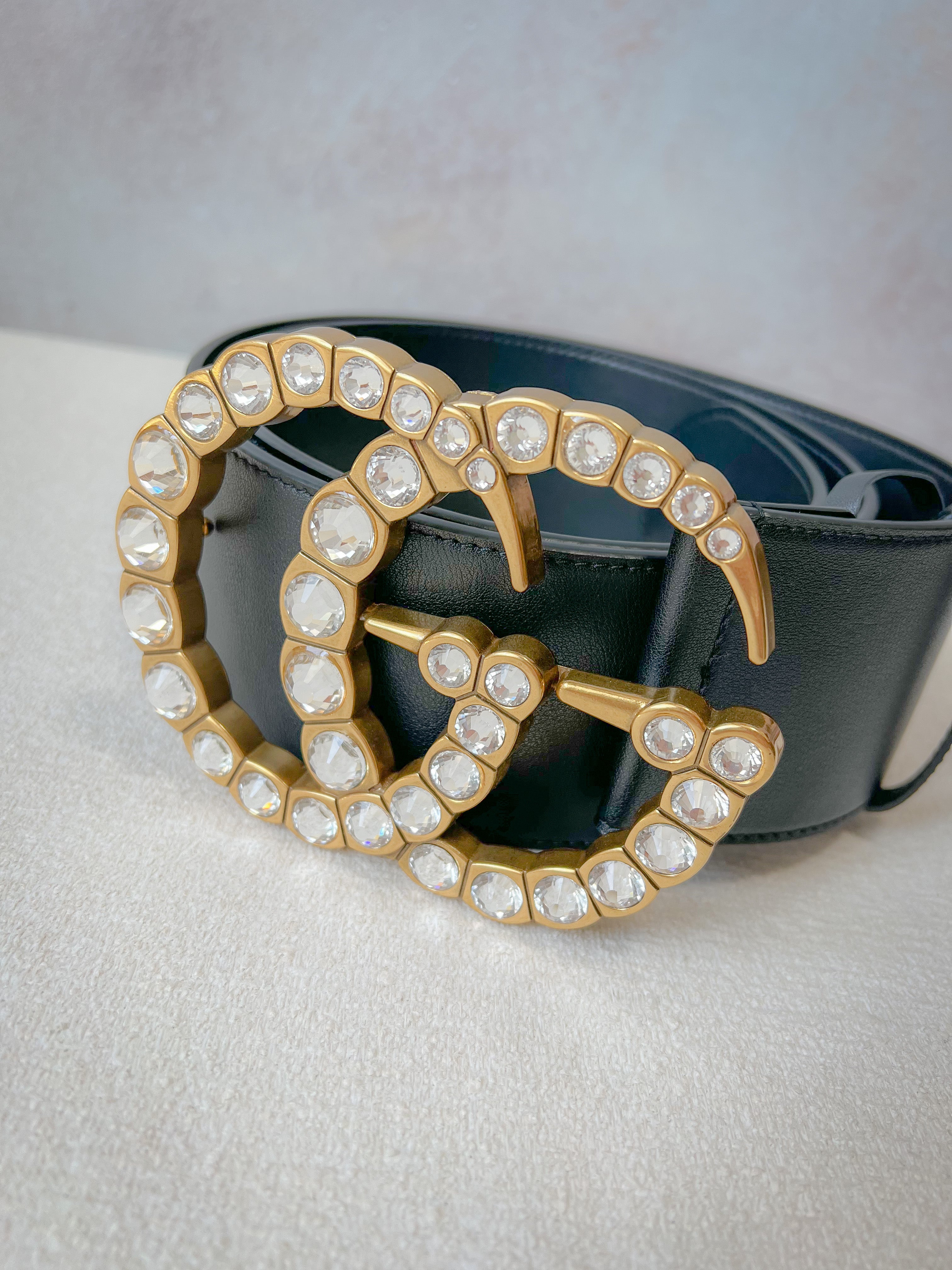 TOP GUCCI Leather Belt w Crystal Double G Buckle  - Black