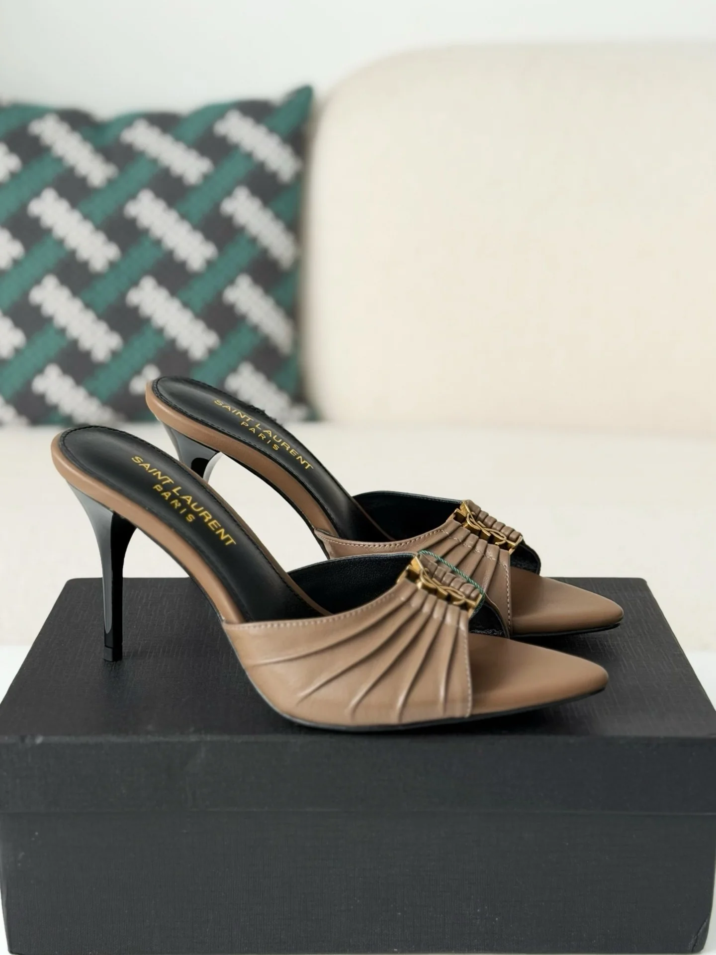 AAASandal Women Nude Leather Pleated Slide Mules Pointed Open Toe Gold Metal Logo Stiletto High Heel Sandals