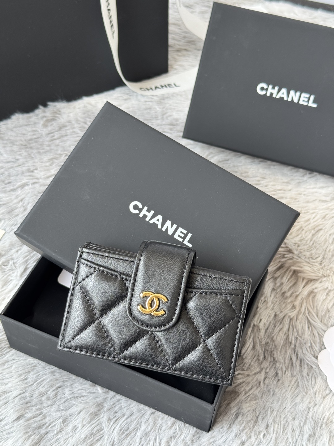 TOP CHANEL Cardholder Lambskin/Calfskin 10.4×7×2cm - GHW&SHW - Black