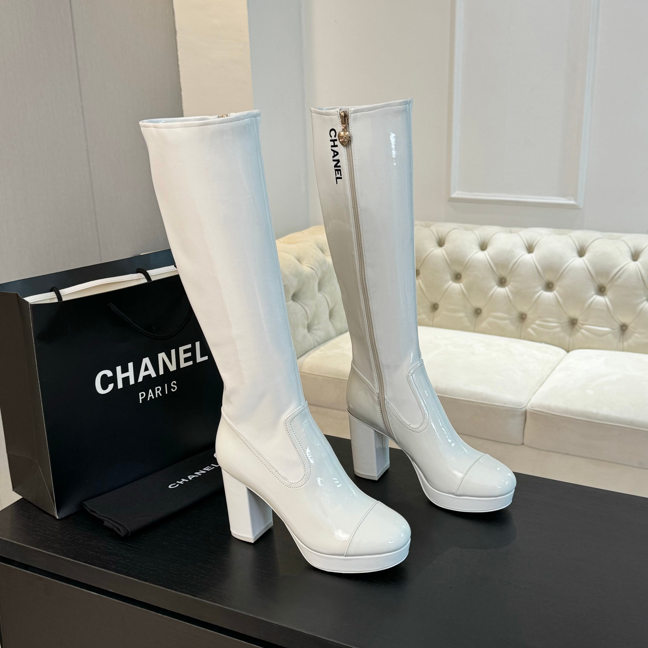 TOP CHANEL 8cm High Heel Shiny Leather Stretch Boots - 2 Color