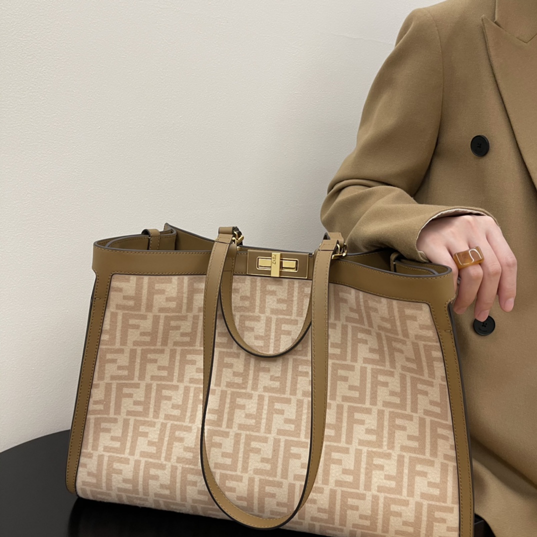 TOP FENDI Double FF Flannel Peekaboo Bags - 41x16x30cm - GHW&Apricot