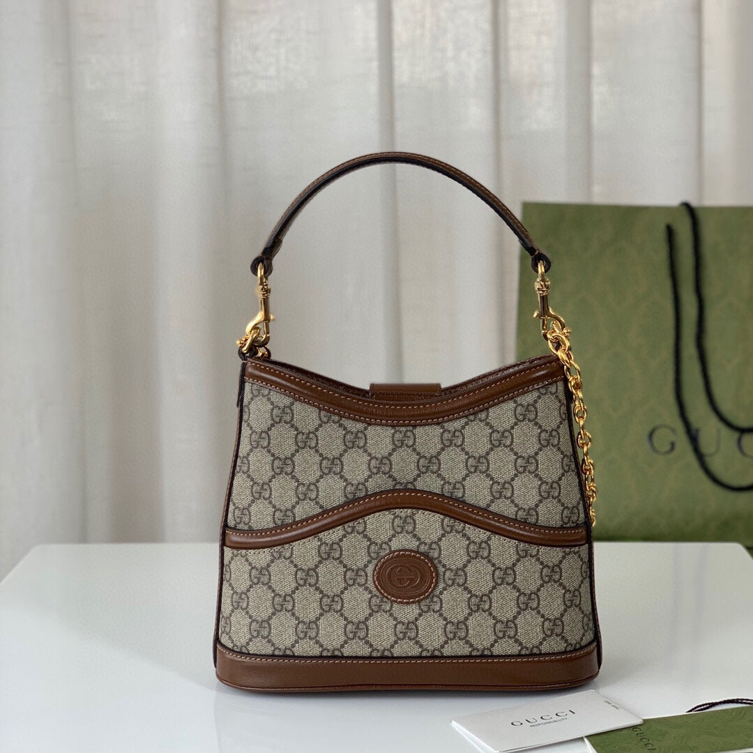 TOP GUCCI G*G Large Shoulder Bag w Interlocking G - Brown