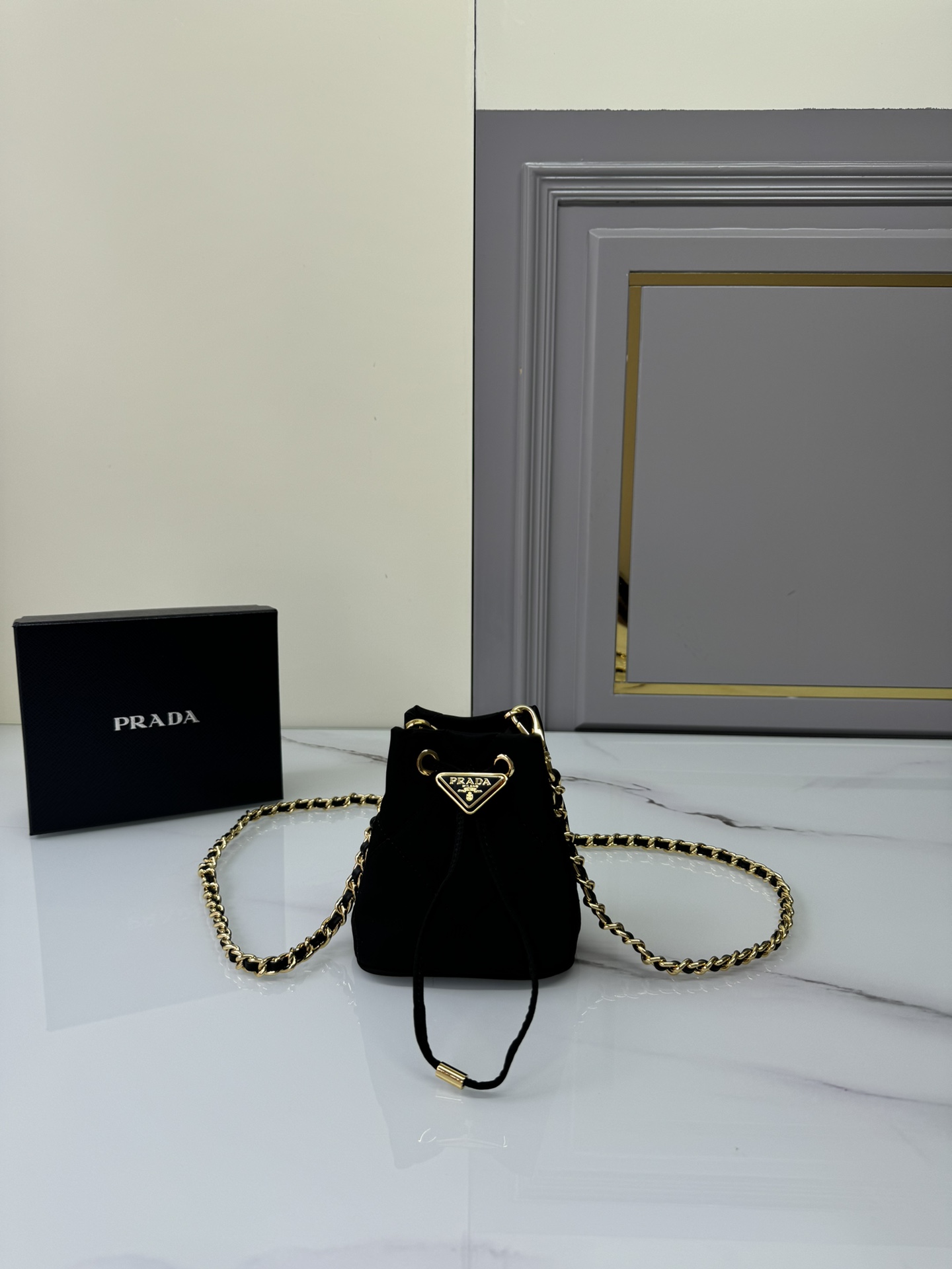 Top PRADA Embroidered Checked Bucket Bag 10x12x7cm - Black