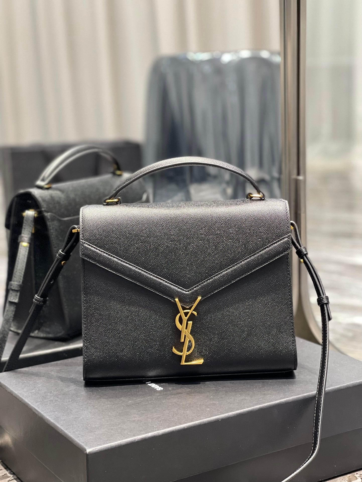 TOP Yves Saint Laurent YSL Cassandra Top Handle Bag - Black w GHW
