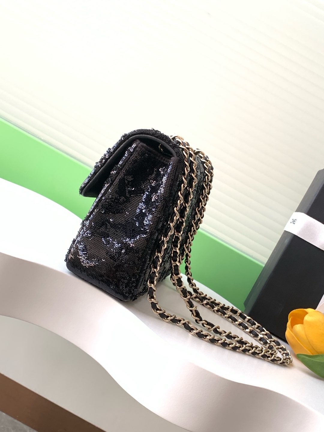 TOP CHANEL Sequin Logo Printed Flap Bag 20cm - Black