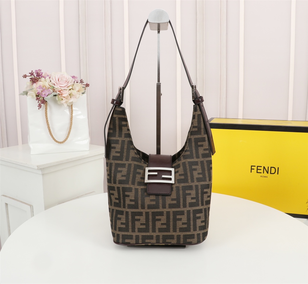 TOP FENDI Canvas Vintage Bag 19x28x14cm - Brown&SHW