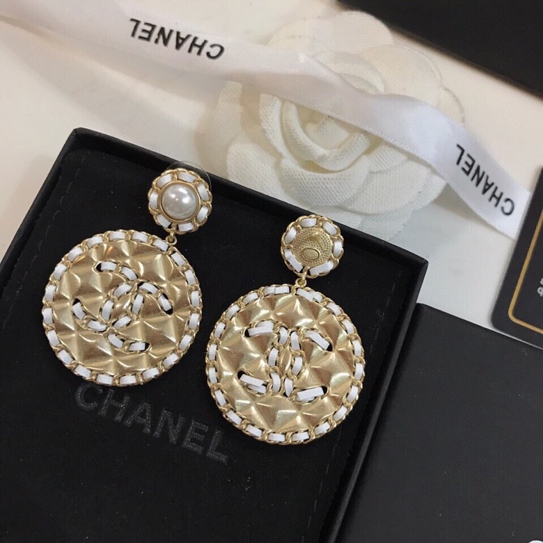 TOP CHANEL Double C Metal Leather Round Stud Earrings - 3 Colors