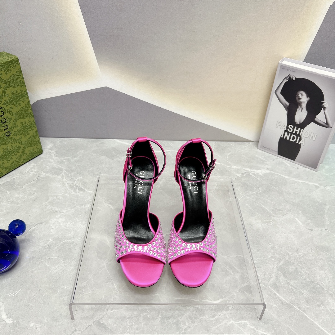 TOP GUCCI Round -Headed Silk Hot Drill High -Heeled Sandals - 6 Colors