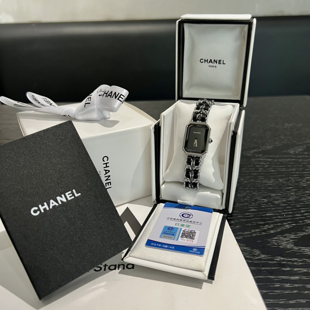 CHANEL Premiere Ladies Watch, Silver Octagonal Case, Interwoven Leather & Metal Chain Wristwatch