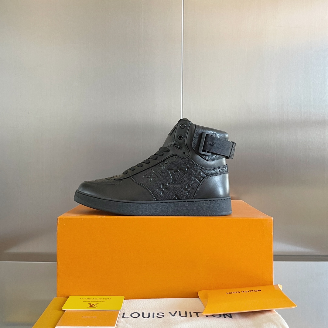 Louis Vuitton Rivoli High‑top Sneakers All Black Embossed Monogram Leather Unisex Shoes