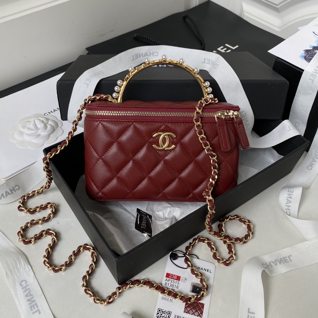 TOP CHANEL Vanity Case New Top Handle w Logo Lambskin 17*9.5*8cm - Dark Red