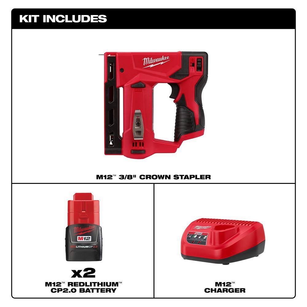 M12 12-Volt Lithium-Ion Cordless 3/8 in. Crown Stapler with M12 Compact 2.0 Ah Battery (2-Pack) Starter Kit and Charger
