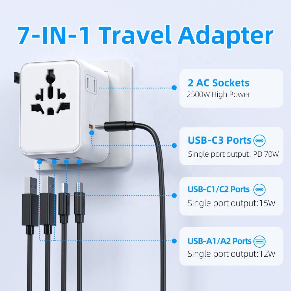 Compact Size International Travel Adapter with Custom logo GaN 70W Travel Charger Universal Ac Adapter Copper 10A Rated Travel Adapter