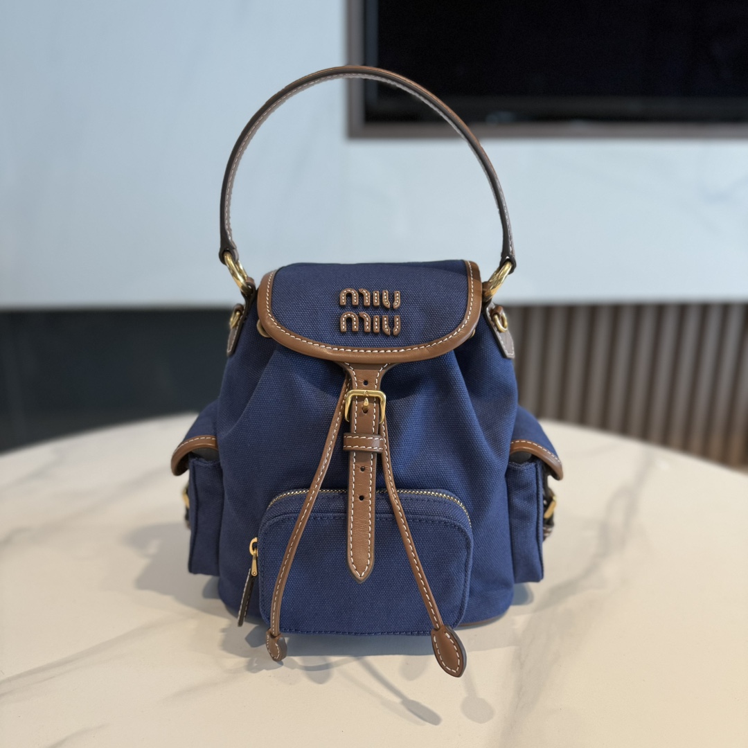 TOP Miu Miu Backpack Canvas+Cowhide 22*18*11.5cm- Blue