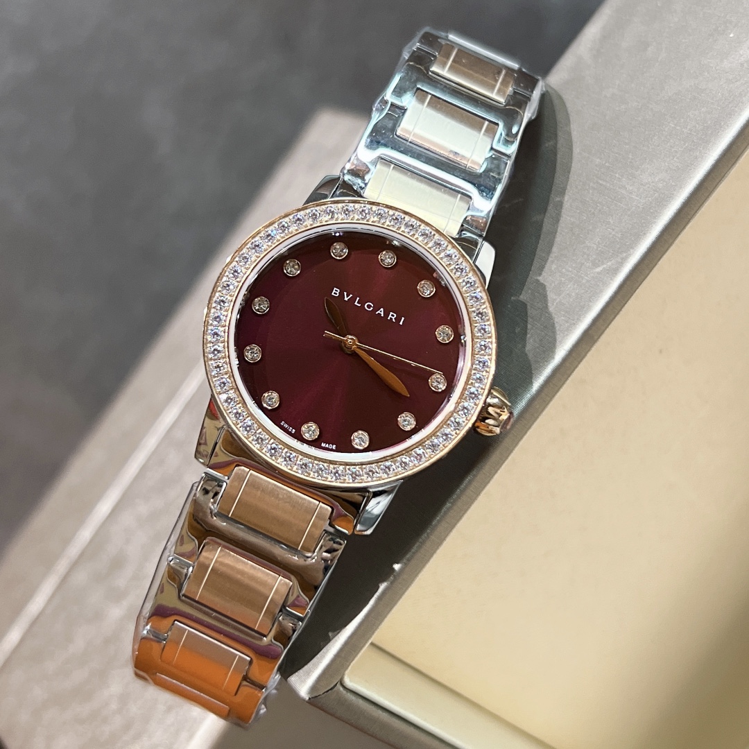 TOP BVLGARI Red Dial Watch 33mm - Rose Gold