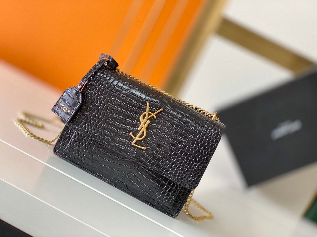 TOP Yves Saint Laurent YSL Small Monogram Sunset Croc Embossed Leather Bag - Black w GHW