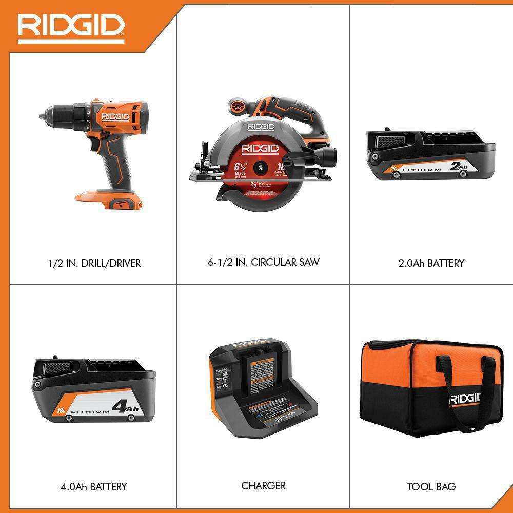 18V Cordless 1/2 in. Drill/Driver and 6-1/2 in. Circular Saw Combo Kit with 2.0 Ah and 4.0 Ah Battery, Charger, and Bag