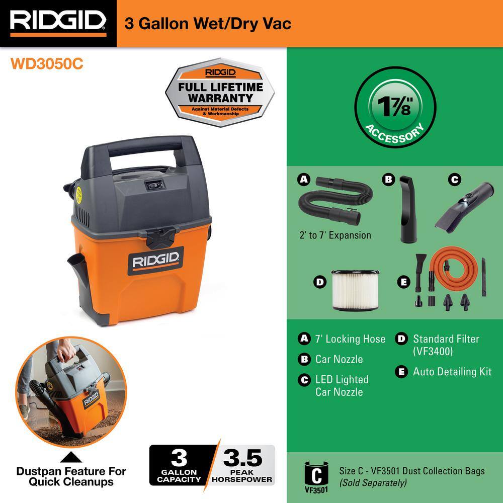 3 Gal 3.5 Peak HP Handheld Shop Vac Wet Dry Vacuum with RIDGID SWEEP Dust Pan, Hose, LED Car Nozzle, Car Cleaning Kit