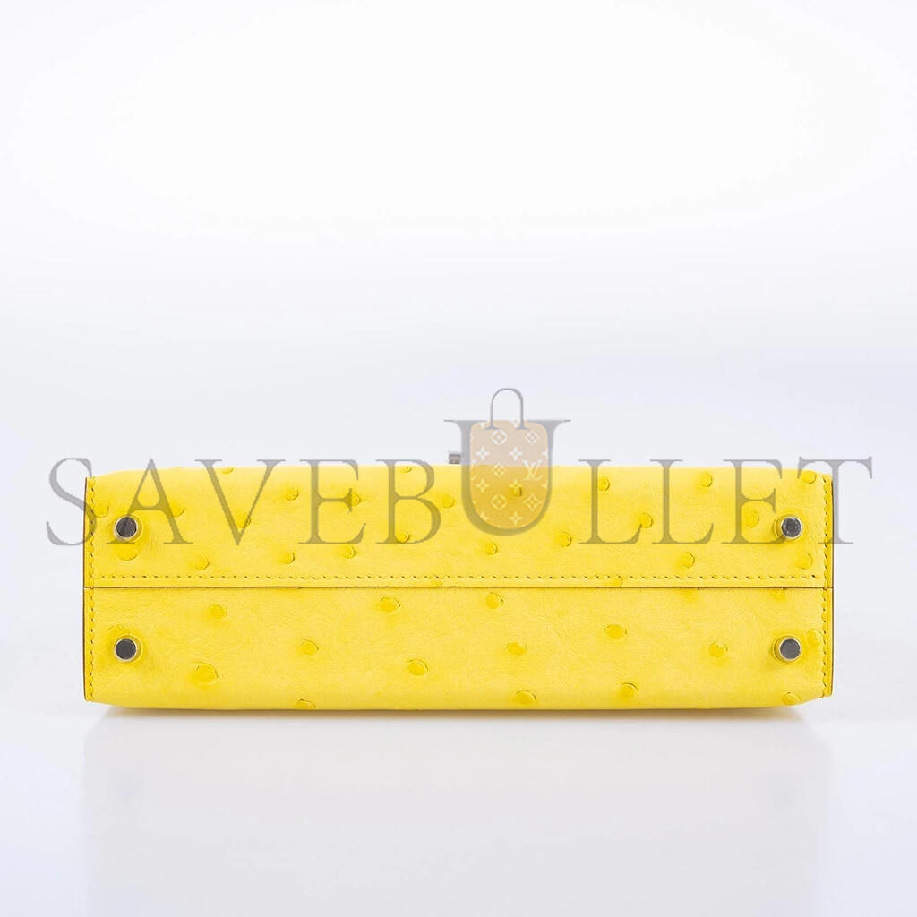 HERMÈS MINI KELLY II SELLIER JAUNE CITRON OSTRICH PALLADIUM HARDWARE (19*12*5.5cm)
