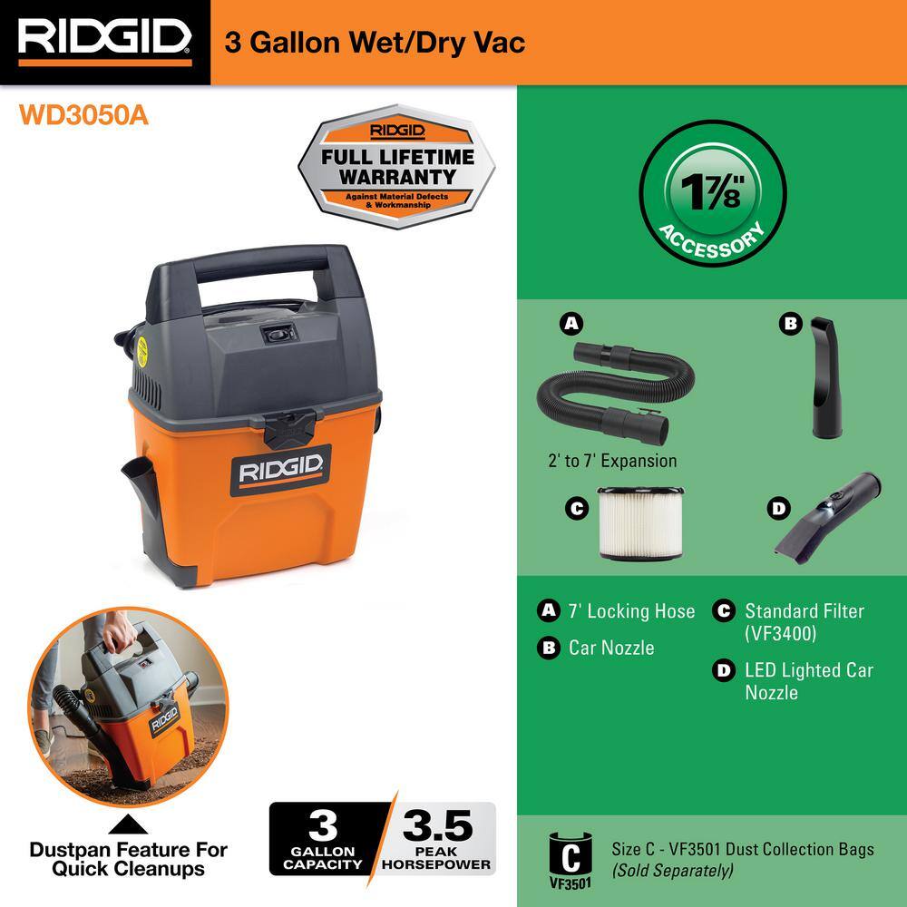 3 Gal 3.5 Peak HP Handheld Shop Vac Wet Dry Vacuum with RIDGID SWEEP Dust Pan, Filter, Locking Hose and LED Car Nozzle