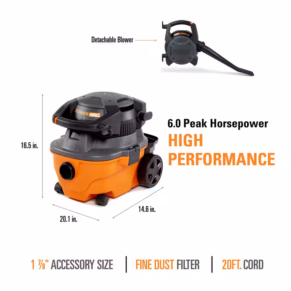 4 Gallon 6.0 Peak HP Shop Vac Wet Dry Vacuum with Detachable Blower, Fine Dust Filter, Locking Hose and Accessories